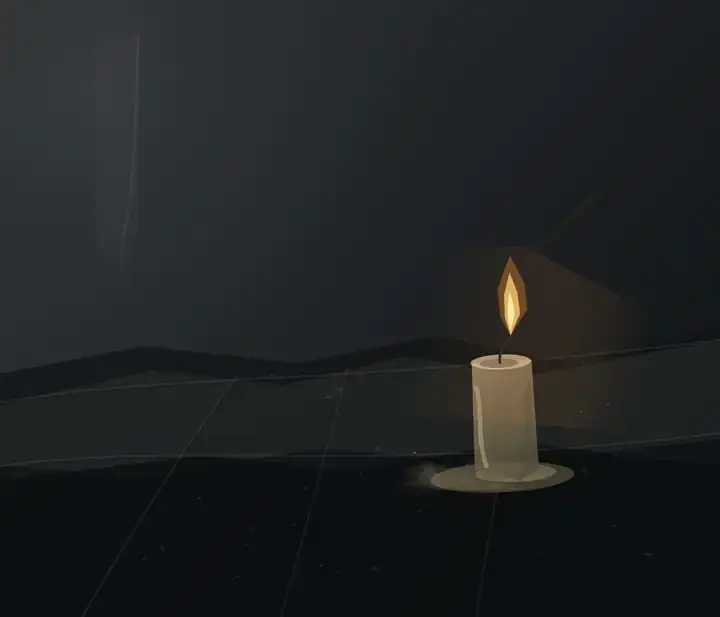 After the Nave Cooled: cumulative painting state 4 of 4; After the Nave Cooled answers the prompt through surviving low candle, preserving aftermath as a physical event.