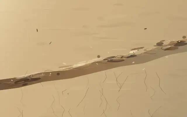 Capillary Ledger: cumulative painting state 5 of 5; Capillary Ledger interprets the aftermath through stratified capillary residue, with visible residue, differentiated scale, and asymmetric material authority.
