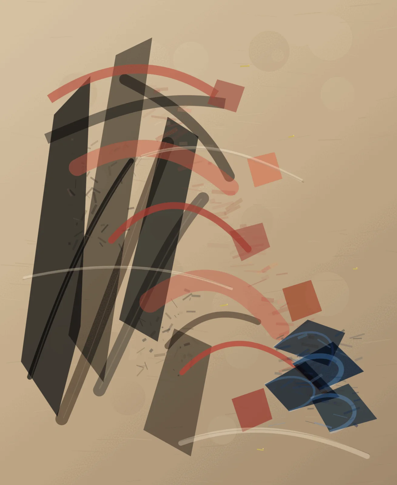 Blue Witness at the Red Rehearsal interprets the aftermath through open gestural rehearsal, with visible residue, differentiated scale, and asymmetric material authority.