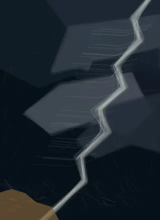 The Pressure Front Descends: cumulative painting state 4 of 4; A torn pale pressure seam descends through blue-black storm plates, bending rain toward a small ochre earth shelf.