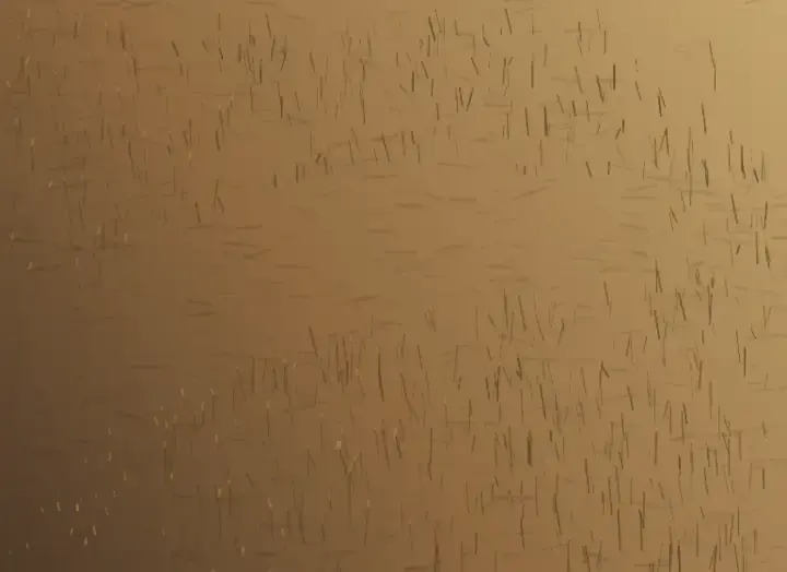 The Stalks Remember: cumulative painting state 2 of 5; A hooked swath of flattened pale stalks crosses an ochre field among upright stubble, dark soil wounds, chaff, and sparse survivors.