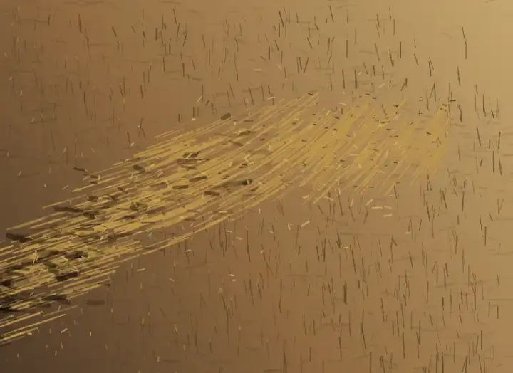 The Stalks Remember: cumulative painting state 4 of 5; A hooked swath of flattened pale stalks crosses an ochre field among upright stubble, dark soil wounds, chaff, and sparse survivors.