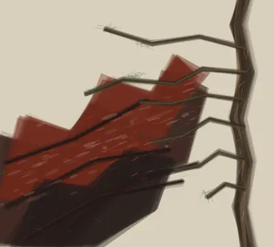 Cedar at the Burn Edge: cumulative painting state 4 of 4; An edge-cropped cedar at right counters a diagonal black-red burn field with char, ash, resin cuts, and sparse living needle fans.