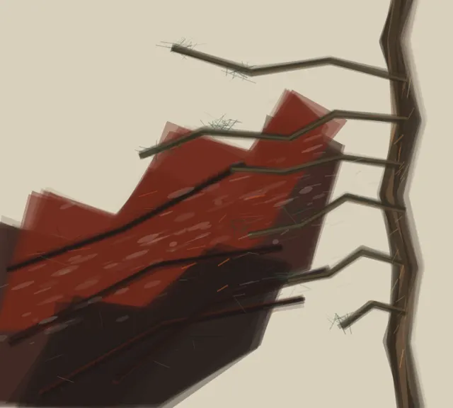 An edge-cropped cedar at right counters a diagonal black-red burn field with char, ash, resin cuts, and sparse living needle fans.