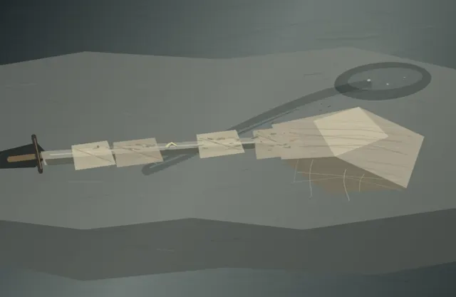 A cropped sword lies low on cool stone, interrupted by linen wraps and a cloth-covered point beside a basin, runnel, and repaired nick.