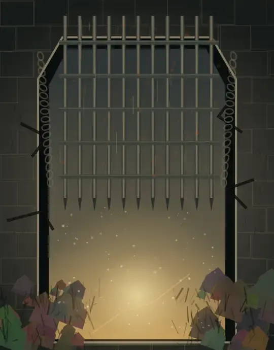 Clearance at First Light: cumulative painting state 4 of 4; A raised iron gate hangs above a gold clearing while rubble, chains, spent marks, and dust occupy the dark fortified edges.