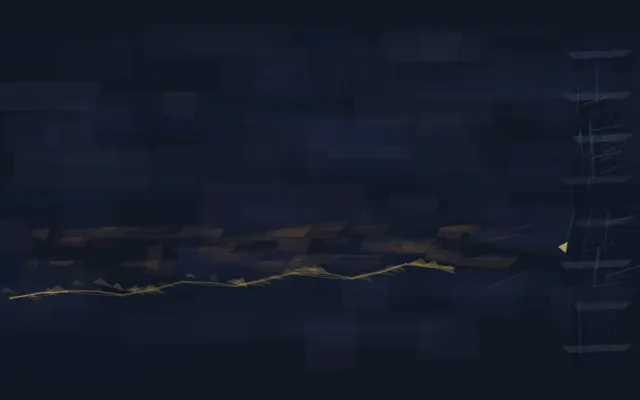 Dark indigo atmospheric plates hold a low ochre morning incision, an extreme right watch pressure, and one tiny yellow sight point.