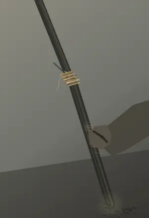 The Staff Takes Weight: cumulative painting state 4 of 4; A broken dark shaft runs diagonally through a tall quiet field, repaired with unequal pale lashings and weighted by a cropped hand into earth.