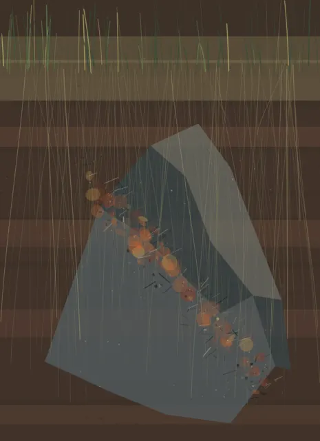 Faceted buried armor receives a diagonal orange corrosion corridor under sediment bands, roots, and sparse surface grass.