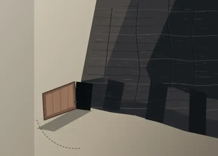 One Leaf Open: cumulative painting state 4 of 4; A massive cropped black stronghold opens exactly one modest timber door onto pale ground, casting a long cool shadow and scrape trace.