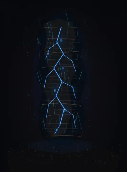 Blue Fire in the Remnant: cumulative painting state 4 of 4; A tall charred laminated remnant stands over ash while a branching blue internal spine pressurizes cavities and sends thin emissions outward.