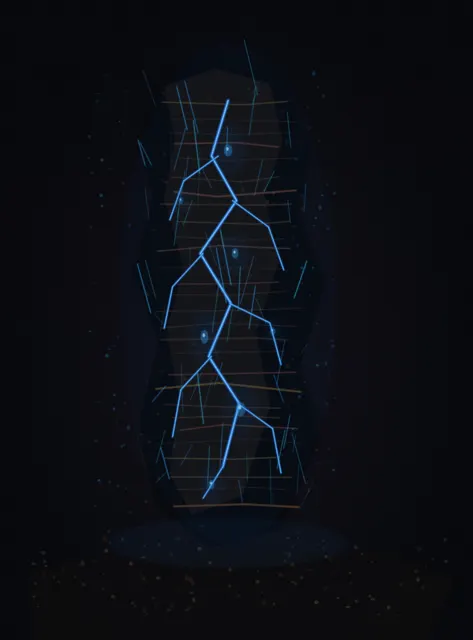 A tall charred laminated remnant stands over ash while a branching blue internal spine pressurizes cavities and sends thin emissions outward.