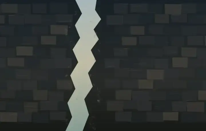 The Wall Learns Air: cumulative painting state 3 of 4; Weighted dark masonry is interrupted by an off-center pale breach from which low cool air bands and modest floor growth enter.