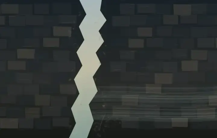 The Wall Learns Air: cumulative painting state 4 of 4; Weighted dark masonry is interrupted by an off-center pale breach from which low cool air bands and modest floor growth enter.