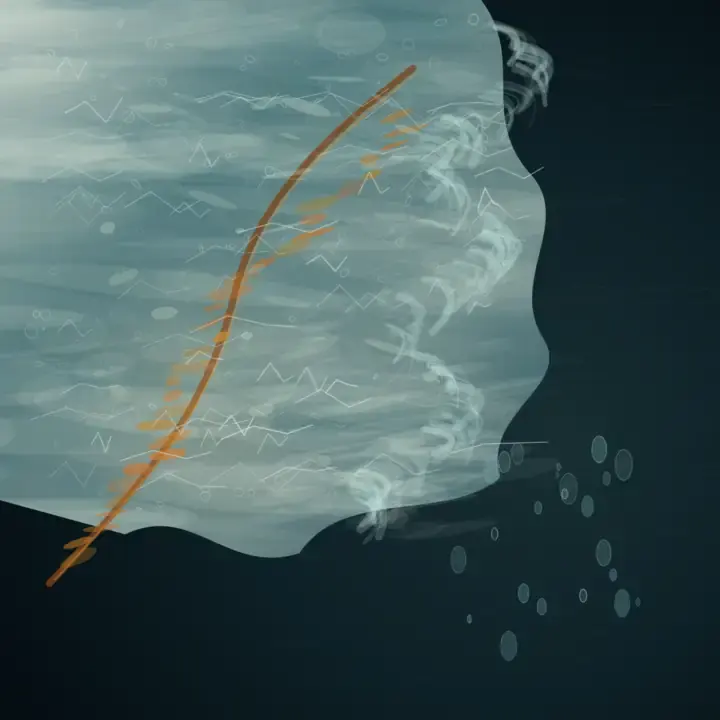 Thaw Ledger: cumulative painting state 4 of 4; A pale edge-entering ice slab refracts an amber marsh stem above dark water, ending in a scalloped melt boundary and released drops.